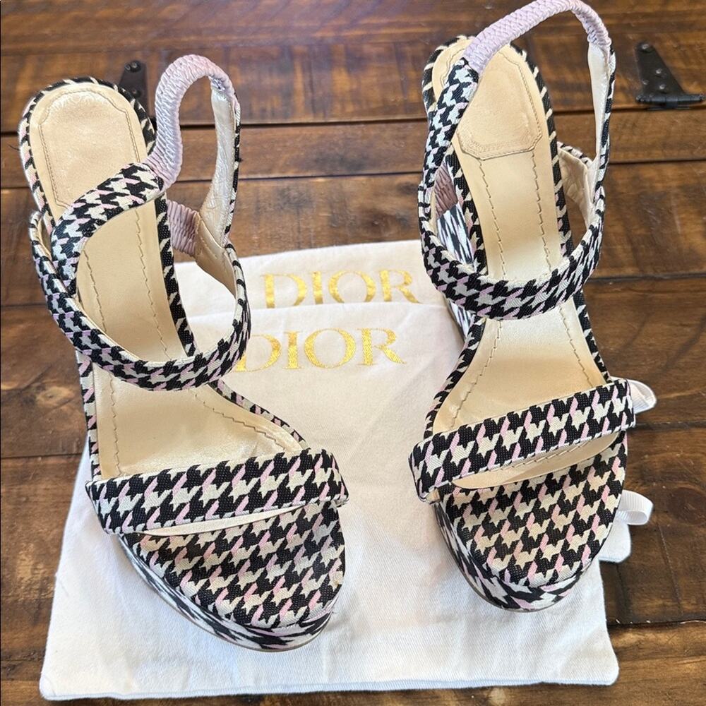 Christian Dior Volt Houndstooth Canvas Wedge Slingback Sandals EU 39 US 9 - Picture 15 of 16